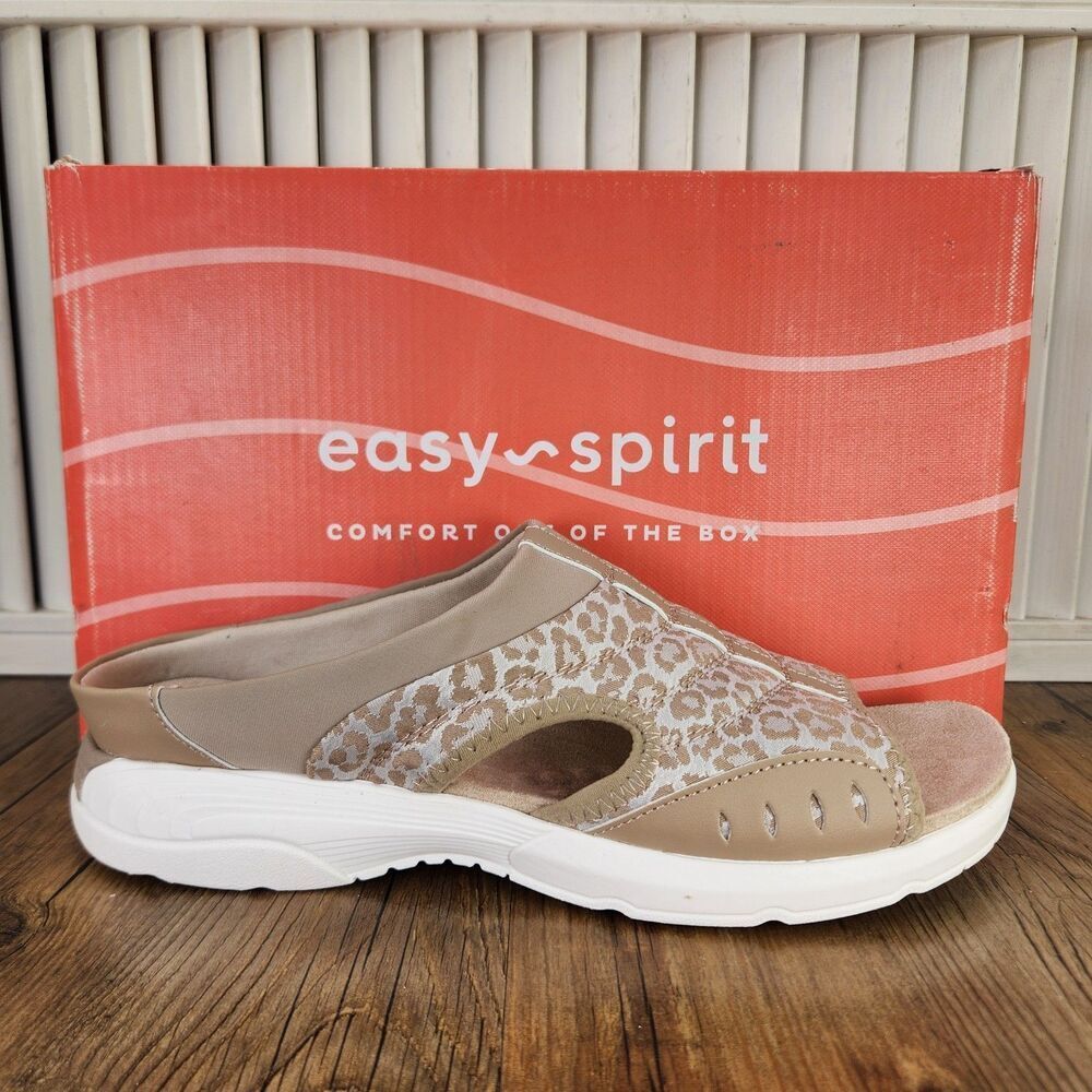 Easy Spirit Traciee 2 Slide Sandals Womens Size 9.5 M Beige Leopard Print Shoes